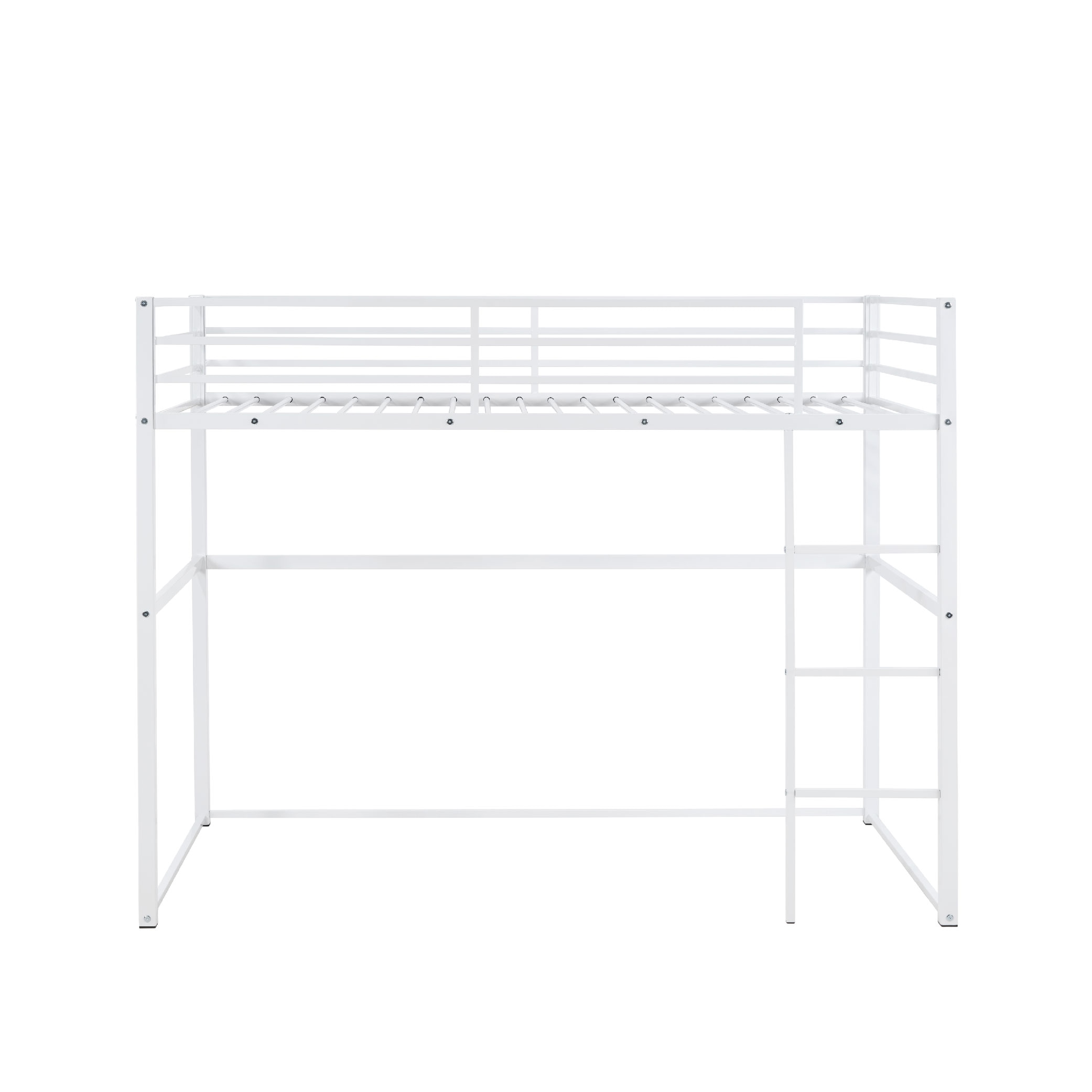 Metal Loft Bed Twin Size, Loft Bed Frame With Safety Guard Rails & Flat Ladder, Twin Loft Bed For Kids Teens Adults, White_voghion.com